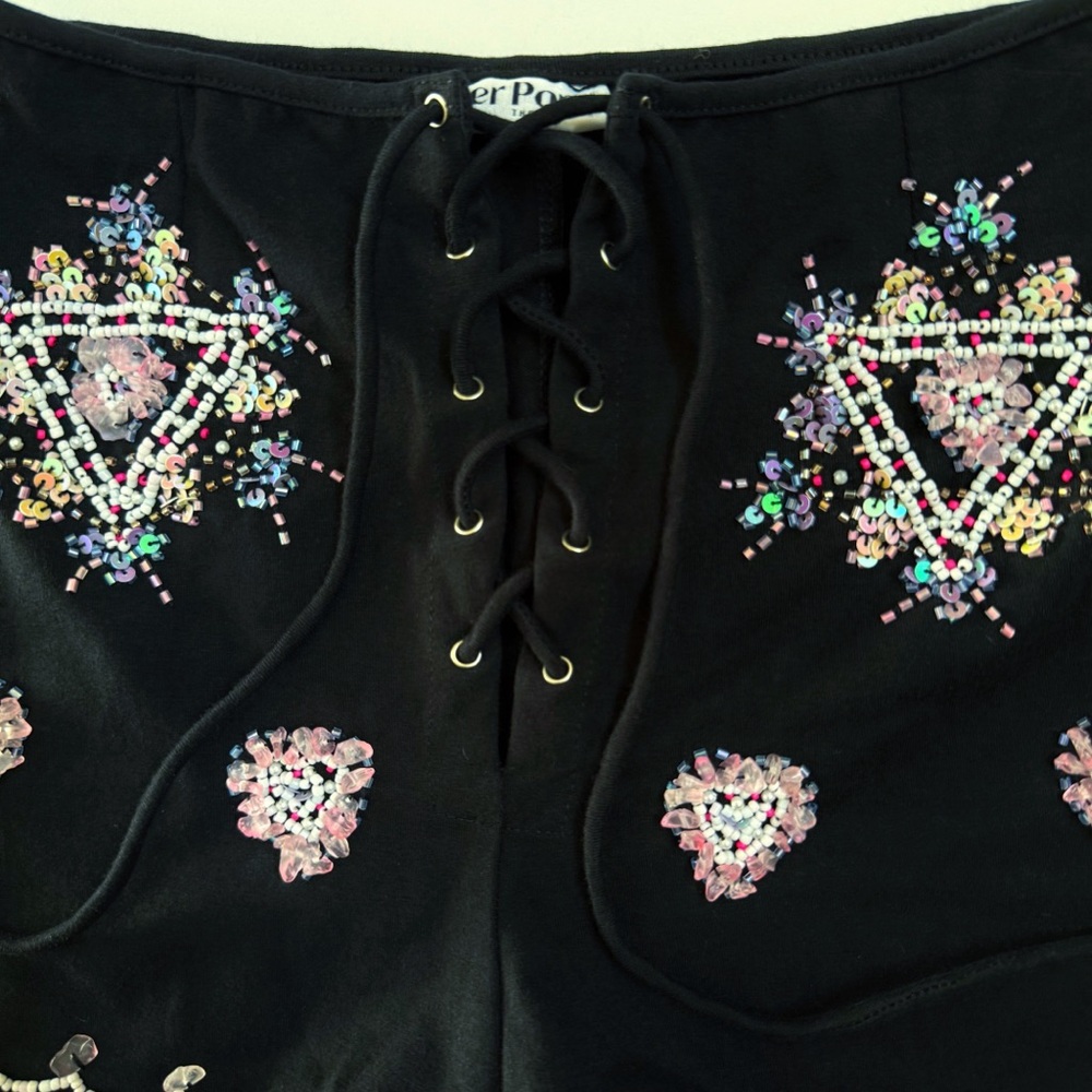 HER PONY THE LABEL BLACK PINK WHITE HEART BEADED SEQUIN HIGH RISE LACE UP SHORTS - Picture 3 of 8